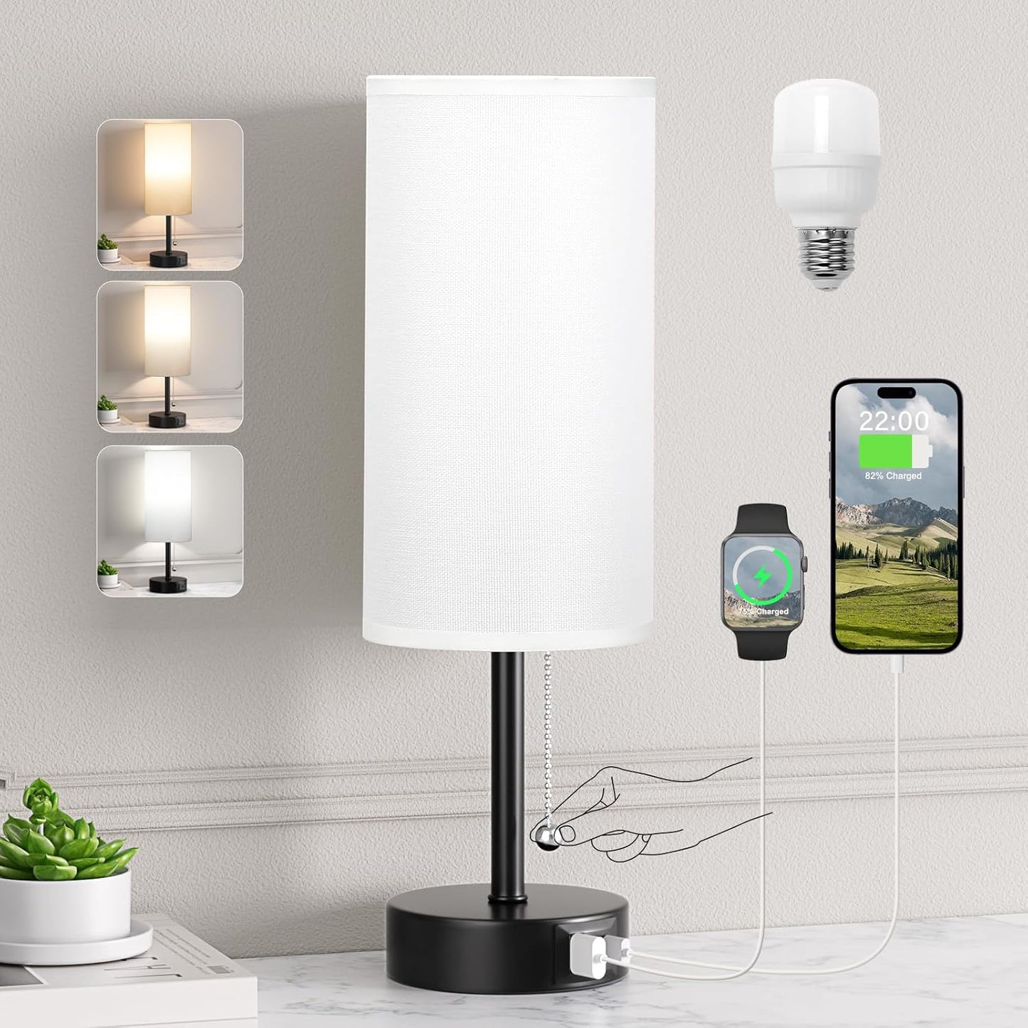 White Table Bedside Lamp for Bedroom Nightstand - Small Lamp with USB A + C Charging Port, 3 Color Temperatures Pull Chain Night Stand Light with Bulb, Side Table Desk Reading Lamp for Living Room