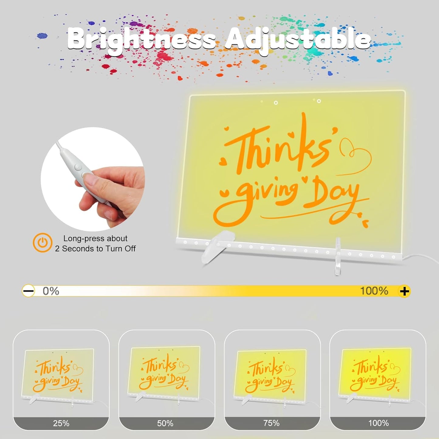 Acrylic Dry Erase Board with Light,LED Note Board with Colors 13.8"X10" 4 Modes & 7 Colors Rewritable LED Acrylic Drawing Board forKids School Home Office Include 7 pens,Clear Stand,Spray Bottle