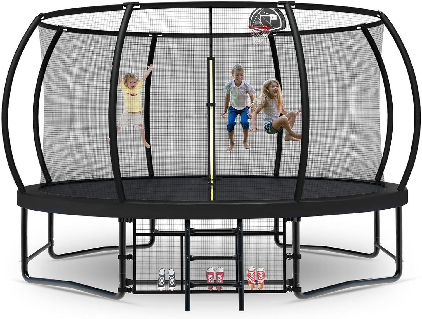 Tatub Large Trampolines Outdoor 10 12 14 15 16FT for Kids and Adults,Outdoor Recreational Pumpkin Trampolines with Curved Poles and Safety Enclosure Net, Basketball Hoop, Ladder