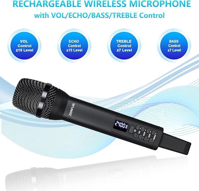 Rechargeable Wireless Microphone, Pro Handheld Cordless Mic System with Echo Treble BASS VOL Control for Karaoke Singing Church Party, 1/4'' Output, Black