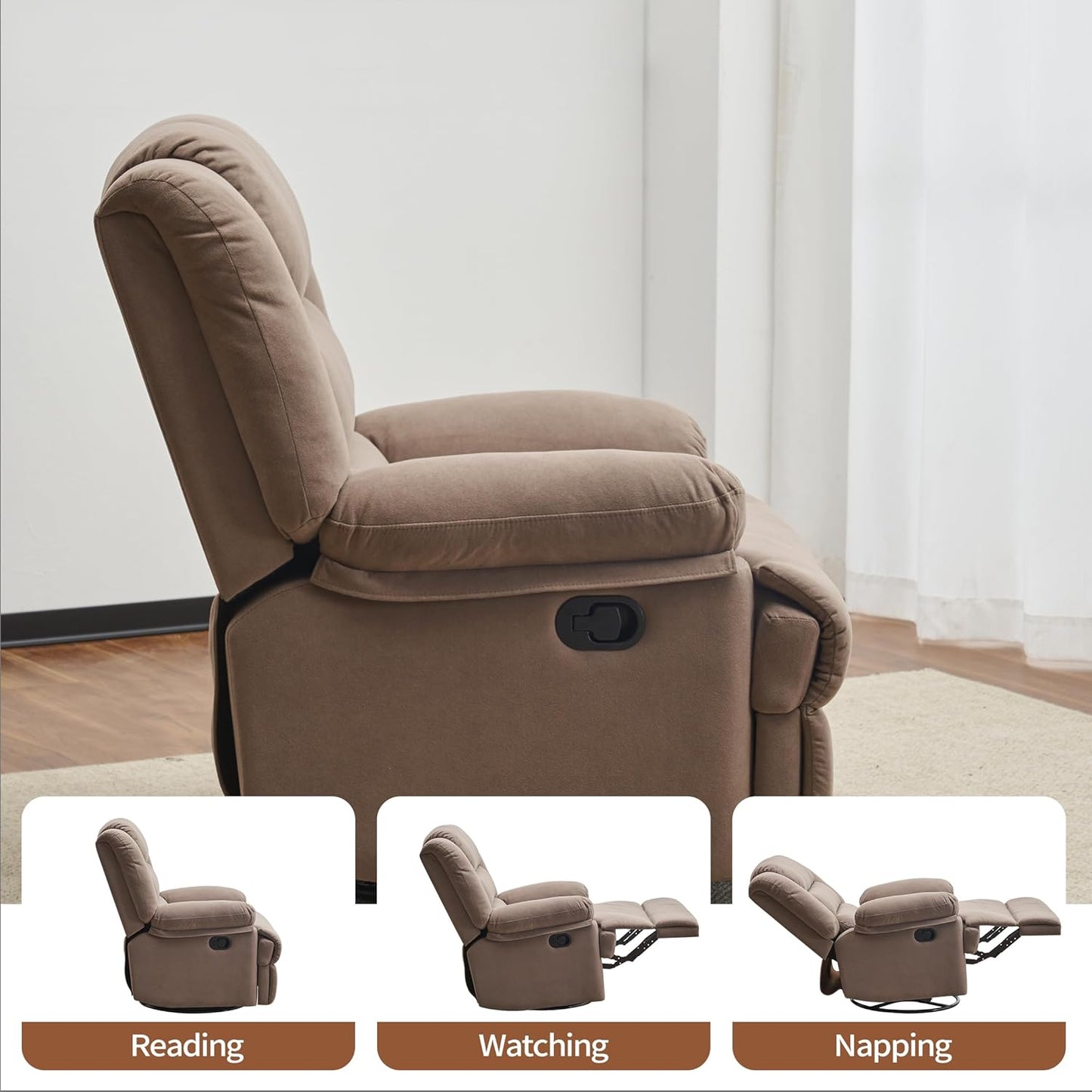 Swivel Rocking Recliner Chair for Adults, Overstuffed Manual Glider Rocker Recliner Chairs, Upholstered Reclining Single Sofa for Living Room Nursery (Mocha)