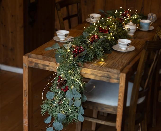 6.3FT Christmas 144 Branch Tips Cedar Garland with LED String Lights, Anna's Whimsy Seasonal Artificial Pine Cypress Garland, Holiday Indoor Outdoor Christmas Decor