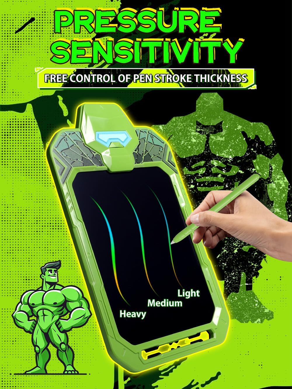 LCD Writing Tablet for Kids 10 Inch Green Giant Power Hero for Toddler 3 4 5 6 - Paint, Doodle Board, Drawing Pad - Travel Toys, Road Trip Car Activities, Birthday Christmas Gift Boys & Man