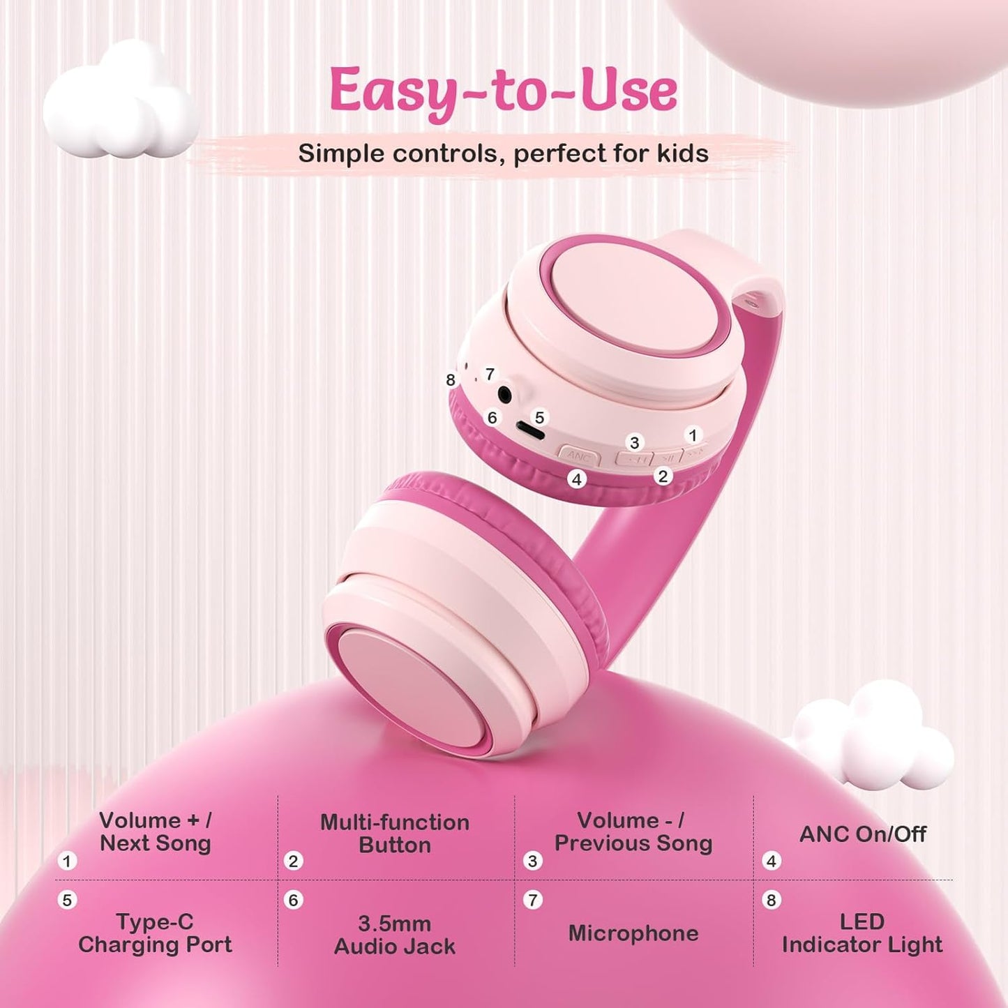 Active Noise Cancelling Headphones for Kids, 60H Playtime, Wireless Bluetooth Over-Ear Blue Headset Built-in Microphone for Home/School/Travel/Party - Includes Portable Case (Pink)