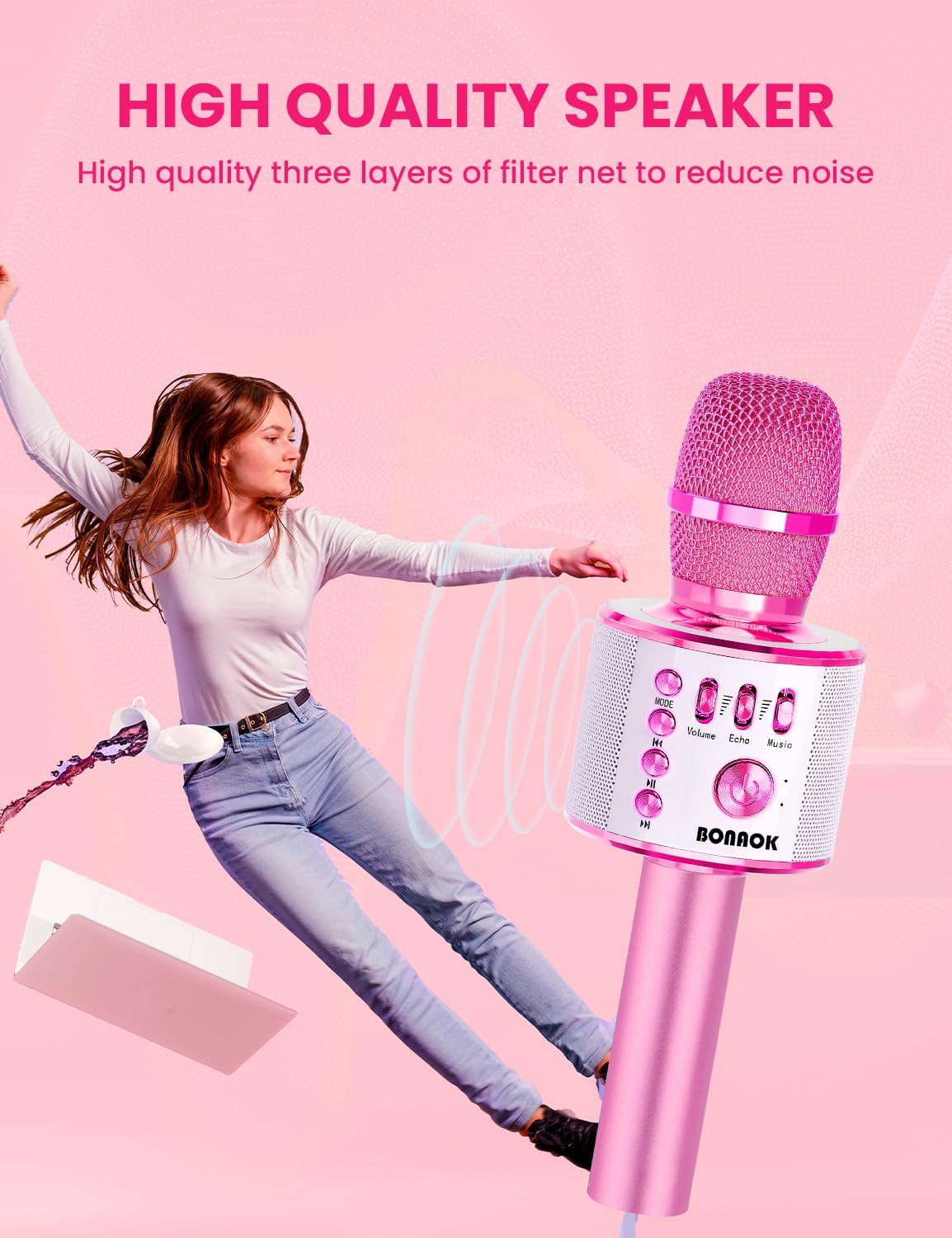 BONAOK Kids Karaoke Microphone, Wireless Bluetooth Microphone for Singing, Gift for Kids, Adults, Girls, Boys, Christmas Kids Toys Gifts for Ages 3, 4, 5, 6, 7, 8+ Years Old (Light Pinkcolor)