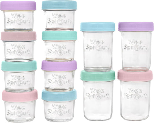 WeeSprout Baby Food Storage Glass Jars w/Lids (4/8 oz, 12 Pack) Pastel Variety, Snack, Reusable Small Containers, Fridge or Freezer, Microwave & Dishwasher Safe, Essentials for Infants