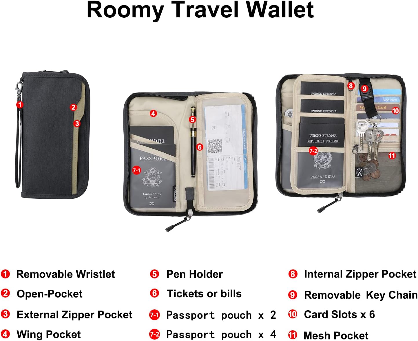 ZOPPEN Passport Holder Family RFID Passport Wallet, Passport Holder Women/Men, Travel Wallet Documents Organizer Zipper Case with Removable Wristlet Strap, Travel Essentials for Flying