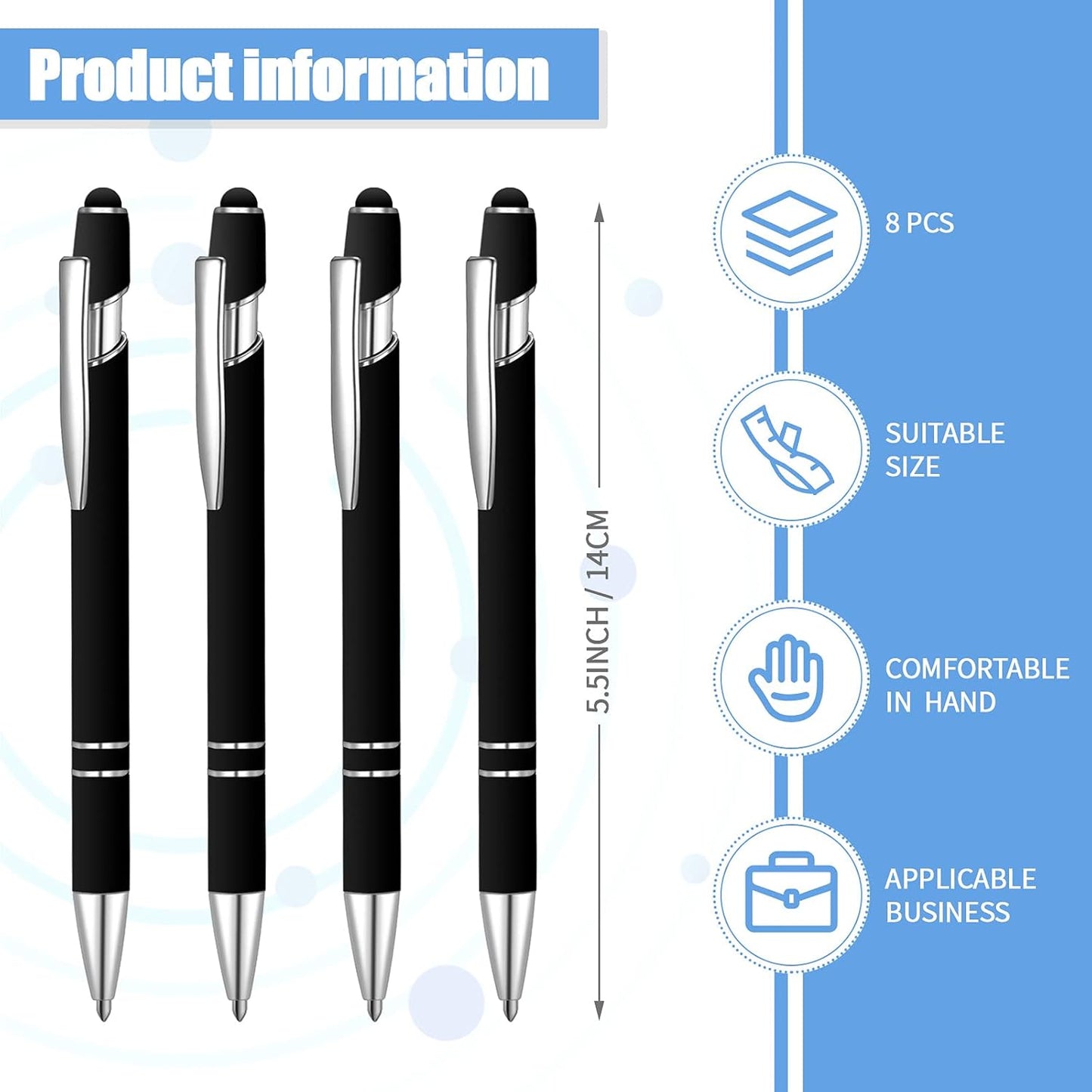 8 Pieces Ballpoint Pen with Stylus Tip Black Ink 2 in 1 Stylus Metal 1.0 mm Medium Point Smooth Pen Rainbow Colorful Rubberized Ballpoint for Touch Screen Tablet(Black)