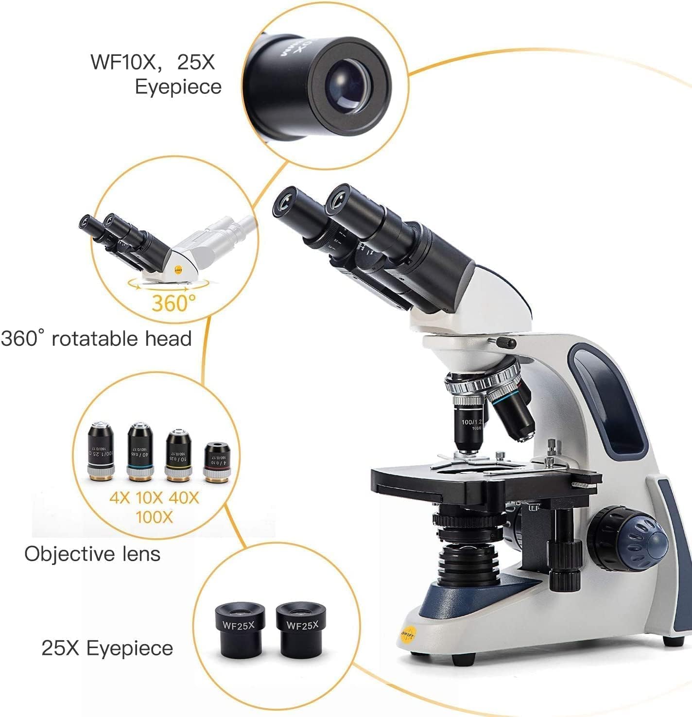 Swift SW380B Binocular Compound Microscope with 1.3MP Camera and 5 Prepared Slides+5 Blank Slides, 40X-2500X,Mechanical Stage
