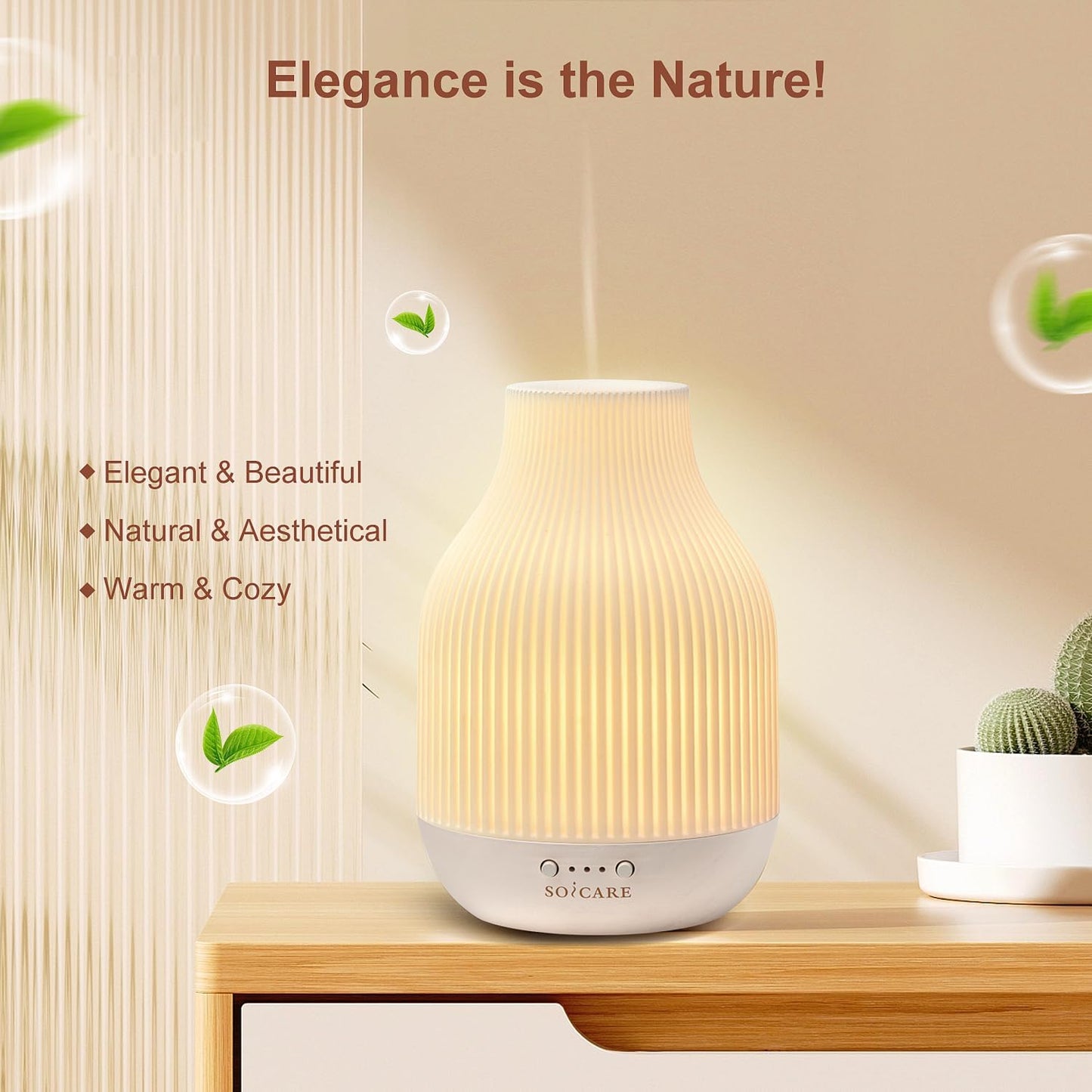SOICARE Elegant Ceramic Diffuser for Essential Oils with Solid Wood Base,Stone Aromatherapy Essential Oil Diffusers for Home Office Room Decor Gift (180ML)