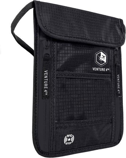 VENTURE 4TH Passport Holder Neck Wallet with RFID Blocking Nylon Lining - Hidden Neck Pouch for Travel (Pure Black)