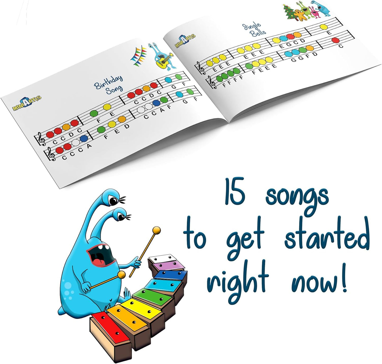 MINIARTIS Glockenspiel Xylophone | Educational Music Toys for Toddlers | 8 Notes Colorful Resonator Bells for Kids with 15 Songbook & Green Case | Great Birthday Gift for Children