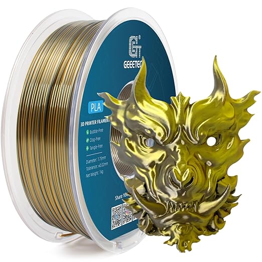 Geeetech Silk PLA Filament 1.75mm Silk Dual Color Filament, Coextrusion Dichromatic Metal-Like Shiny Consumable 1kg (2.2lbs) 1 Spool, Dimensional Accuracy +/- 0.02 mm, Gold Silver