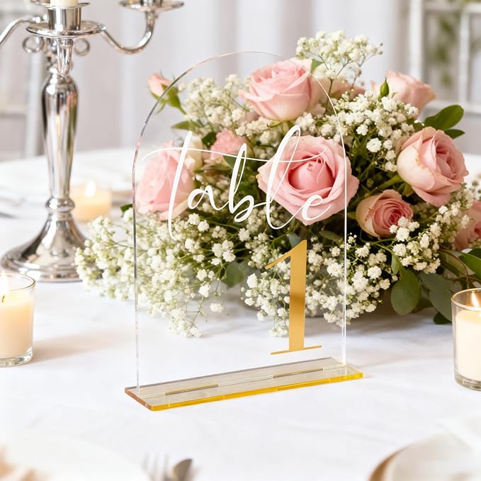 Wedding Table Numbers 1-20 with Stands, 5” x 7” Elegant Acrylic Display Signs with Golden Text, Great Table Numbers for Wedding Reception, Decoration, Centerpiece, Party, Anniversary and Event