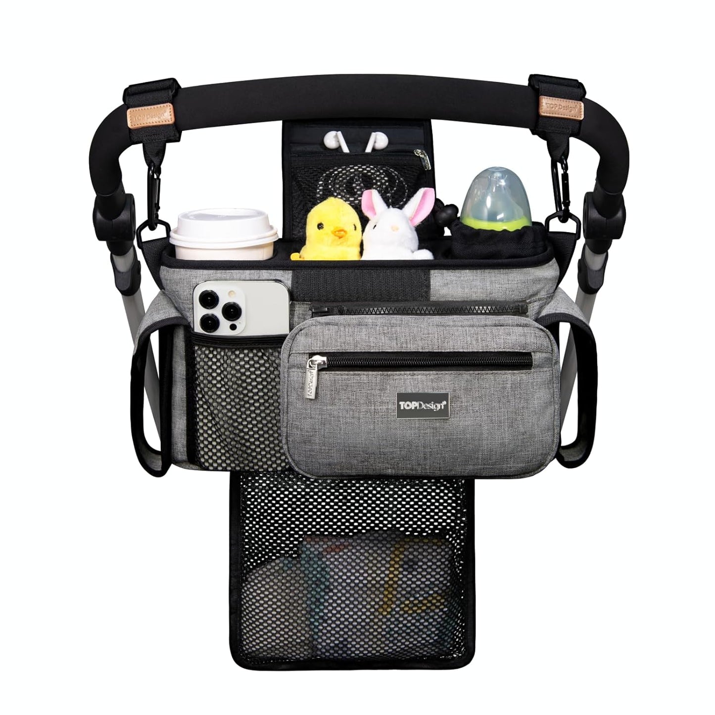 TOPDesign Universal Baby Stroller Organizer, Stroller Caddy with Detachable Mesh Bag & Heightened Insulated Cup Holders & Non-Slip Secure Hooks Accessories, Fits Most Strollers (Grey)