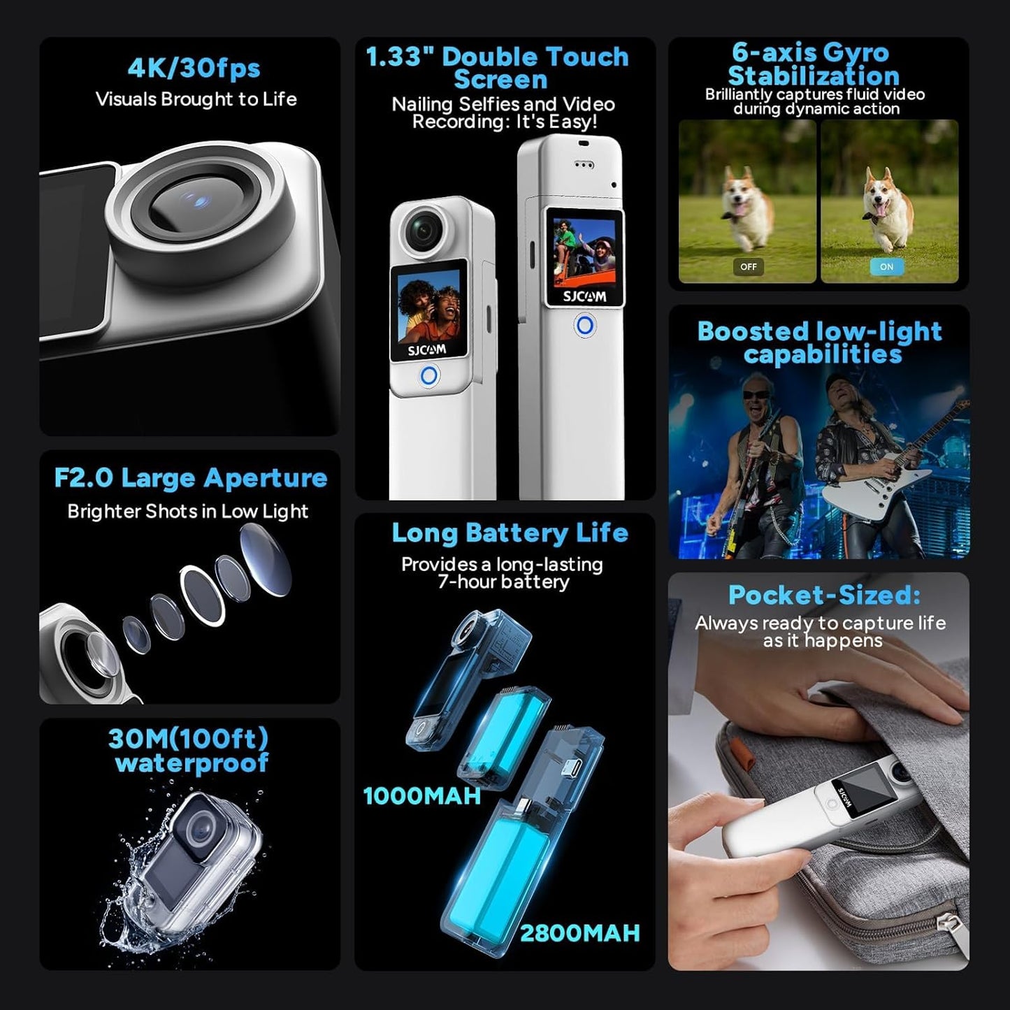 SJCAM C300 4K Vlogging Cam,7H Long Power,Super 6-Axis Stabilization Pocket Vlog Camera,Handheld Dual-Touch Screen Action Camera,30M Waterproof,Portable mini Tiny for Student,Ladies,Kids Action Cam