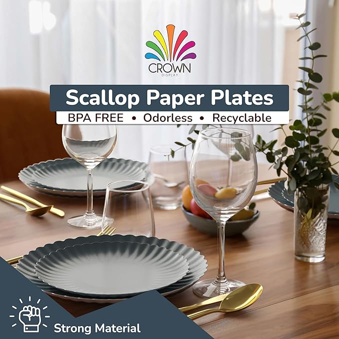 Trendables Scalloped Paper Plates 8.5 Inch & 10.5 Inch 40 Pcs Dinner Plate Set Fancy Disposable Plates for Party for 20 Guests 20 X 8 & 20 X 10 Large & Small Paper Plate Set for Parties Slate Blue