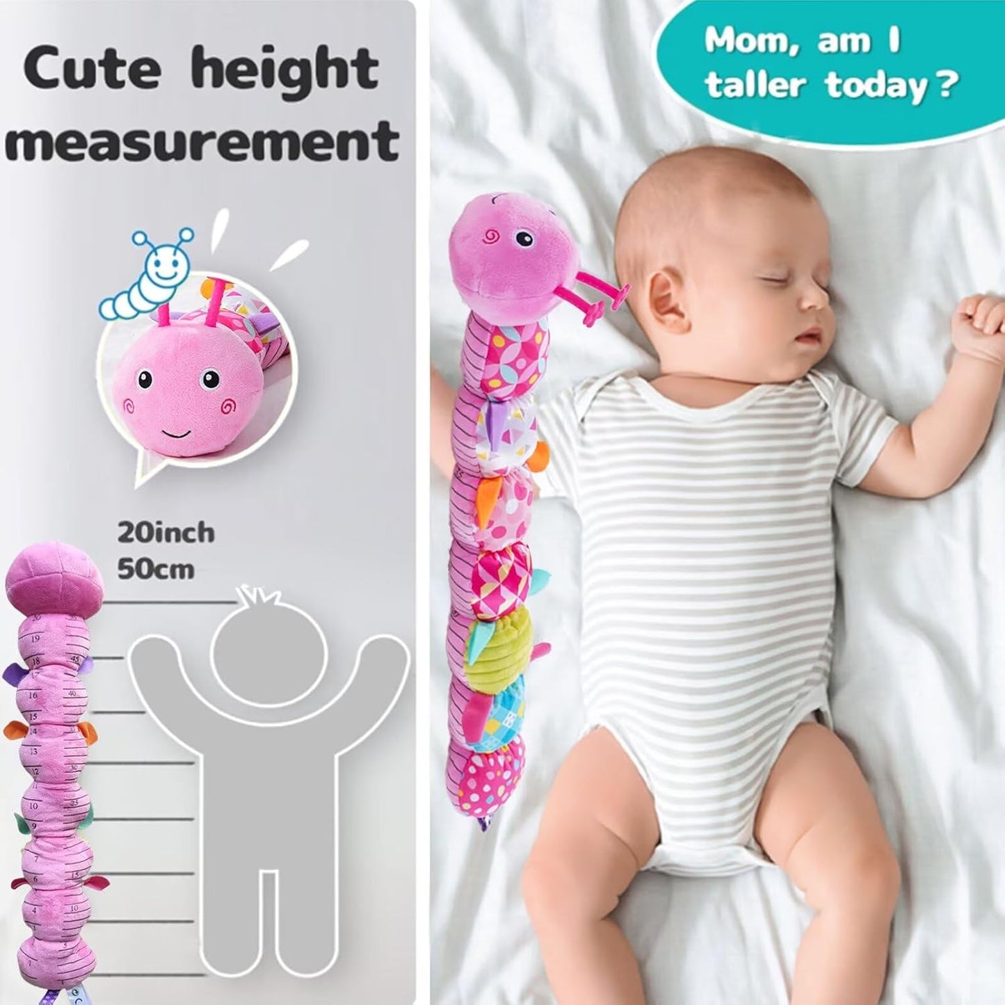 Baby Sensory Toys 0-12 Months, Plush Toys with Music and Rattle, Suitable for Newborn Baby Tummy time, can be Used as a Newborn Birthday, Holiday, Baptism Gift (Pink Caterpillar)