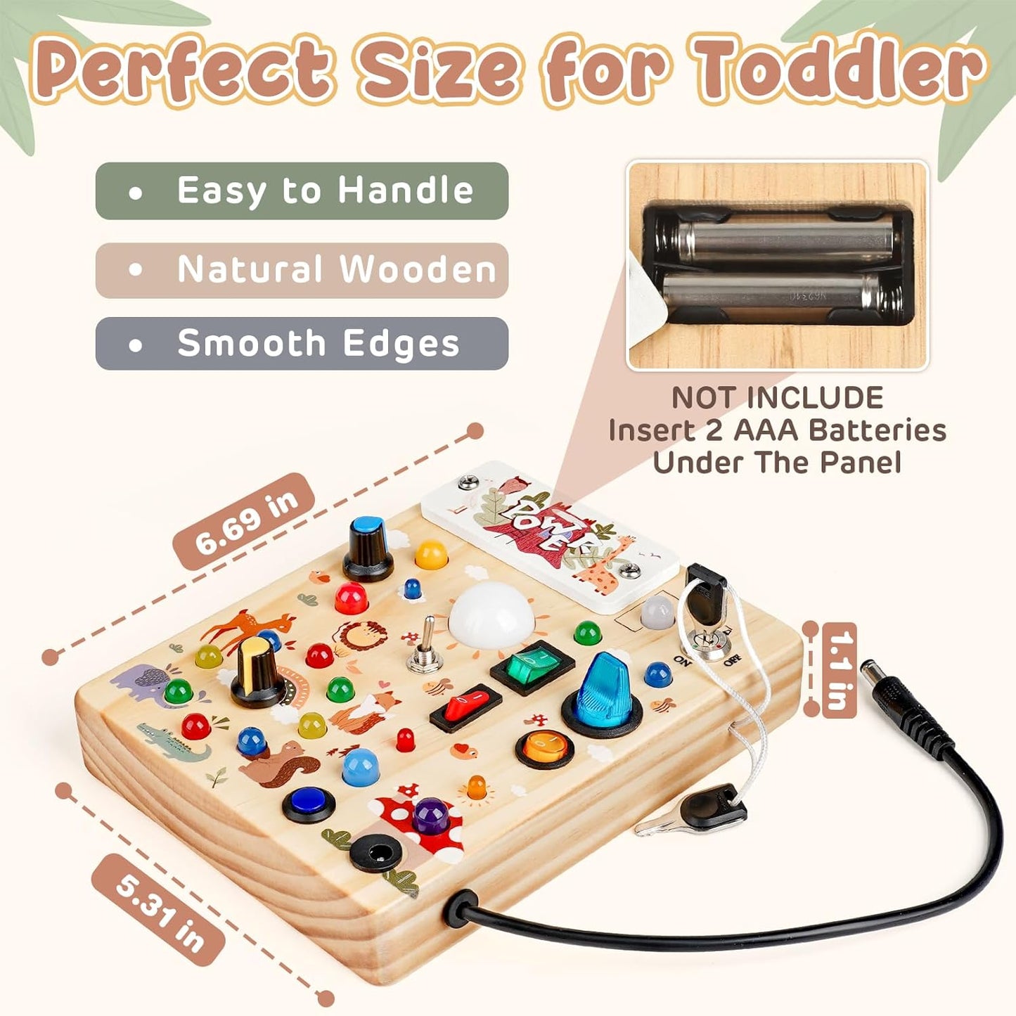 Joyreal Wooden Busy Board with LED Lights, Montessori Sensory Toys for Toddlers, Activity Fidget Board Travel Toys for Fine Motor Skills & Learning, Gifts for 1-3 Year Old Boys & Girls (Forest Theme)