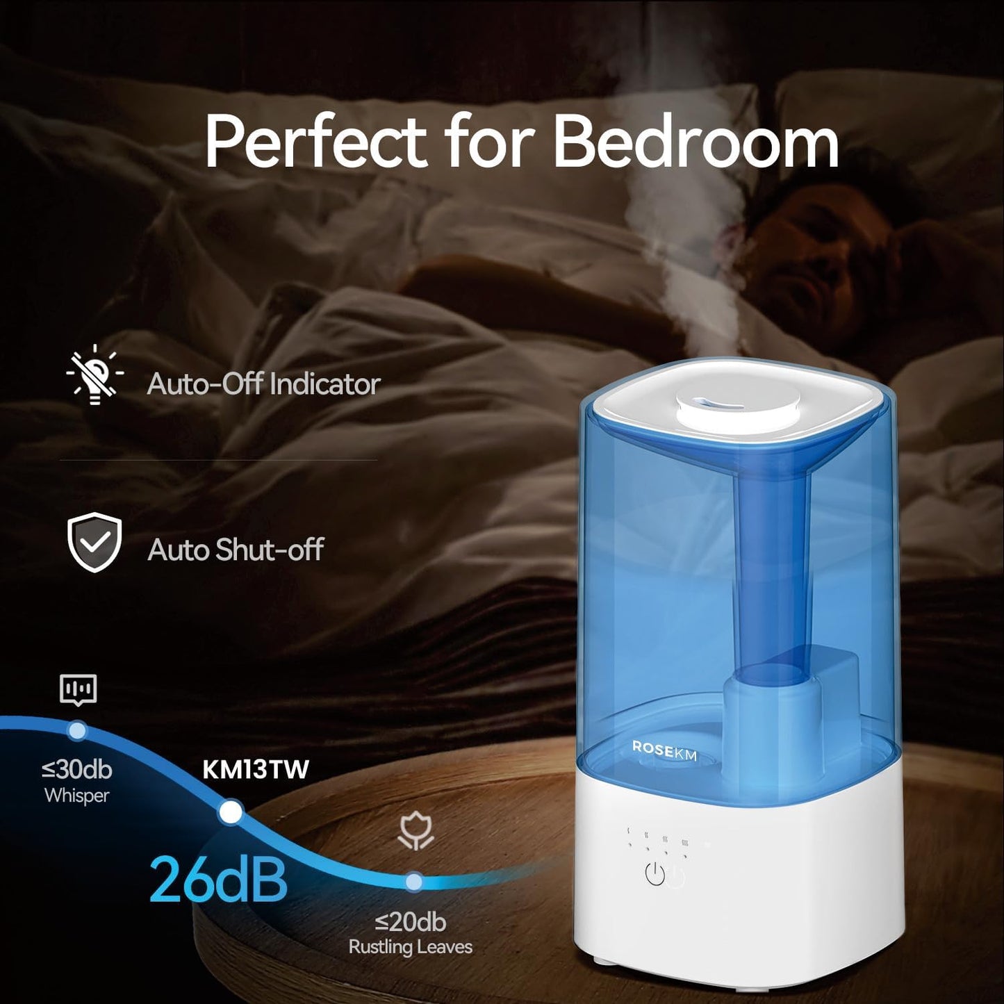 Cool Mist Humidifiers for Bedroom, 2.0L Small Humidifier for Baby and Plant, Last Up to 10H on Max Mist Setting, Auto Shut-Off, Auto-Off Indicator, 360° Nozzle