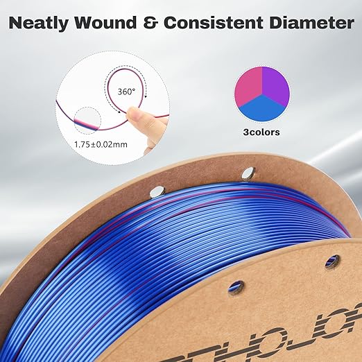 Silk PLA Filament 1.75mm Blue Purple Red Triple Color PLA 3D Printer Filament 3 in 1 Coextrusion 1KG Spool(2.2lbs) 3D Printing Filament Dimensional Accuracy +/- 0.03mm