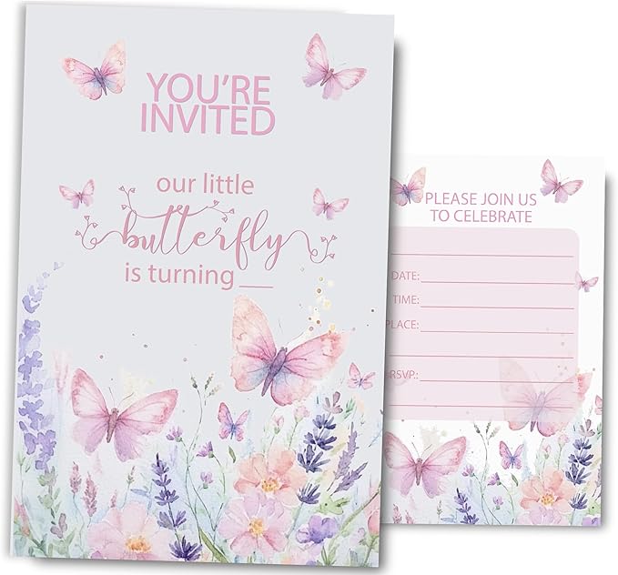 Butterfly First Birthday Invitations for Girls, 1st Floral One Little Butterfly Birthday Party Invitaions for Butterfly Party Invites, 4x6 Inches, 30 Sets with Envelopes