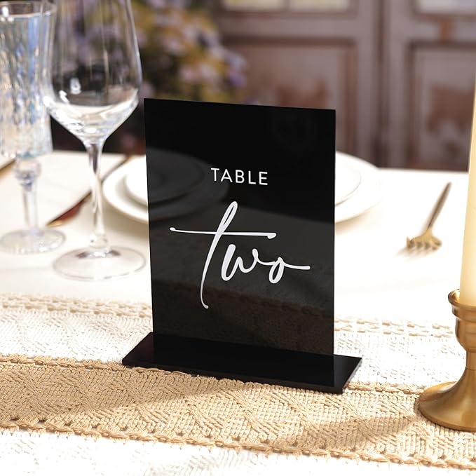 UNIQOOO Black Wedding Double Sided Table Numbers with Stands 1-20 set, 5x7'' Acrylic Signs with Holders and Printed Calligraphy, Seat Display Wedding Decor Perfect for Centerpiece, Reception