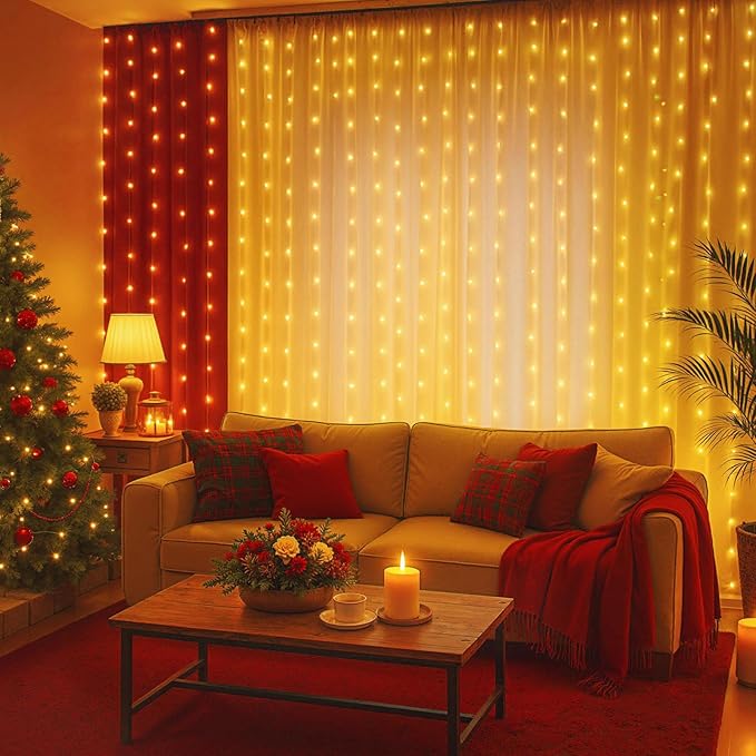 DomeStar 300 LED Curtain Lights for Bedroom, 9.8 x 9.8 FT Battery Operated Lights with 8 Modes Remote Christmas Hanging Wall Window Garden Decor (Warm White)