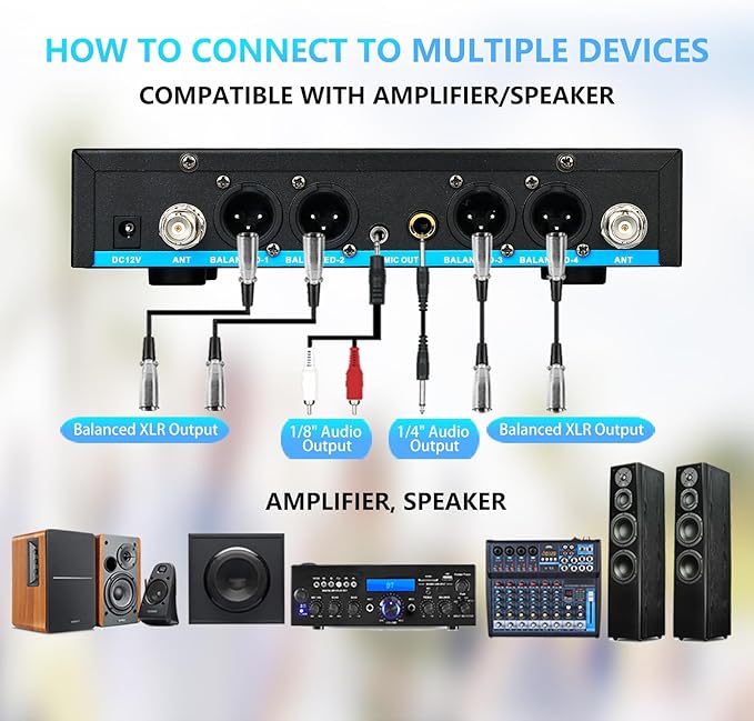4 Channel Rechargeable Wireless Microphone System, Pro UHF Metal Headset Lavalier Lapel Cordless Mics Handheld for Karaoke Singing Church with VOL Control, 4x50 Adjustable Frequency(G8)