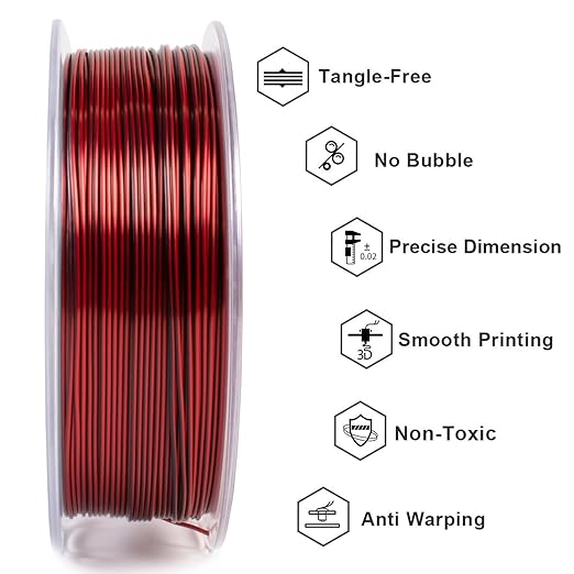 Geeetech Silk PLA Filament 1.75mm Silk Dual Color Filament, Coextrusion Dichromatic Metal-Like Shiny Consumable 1kg (2.2lbs) 1 Spool, Dimensional Accuracy +/- 0.02 mm, Black Red