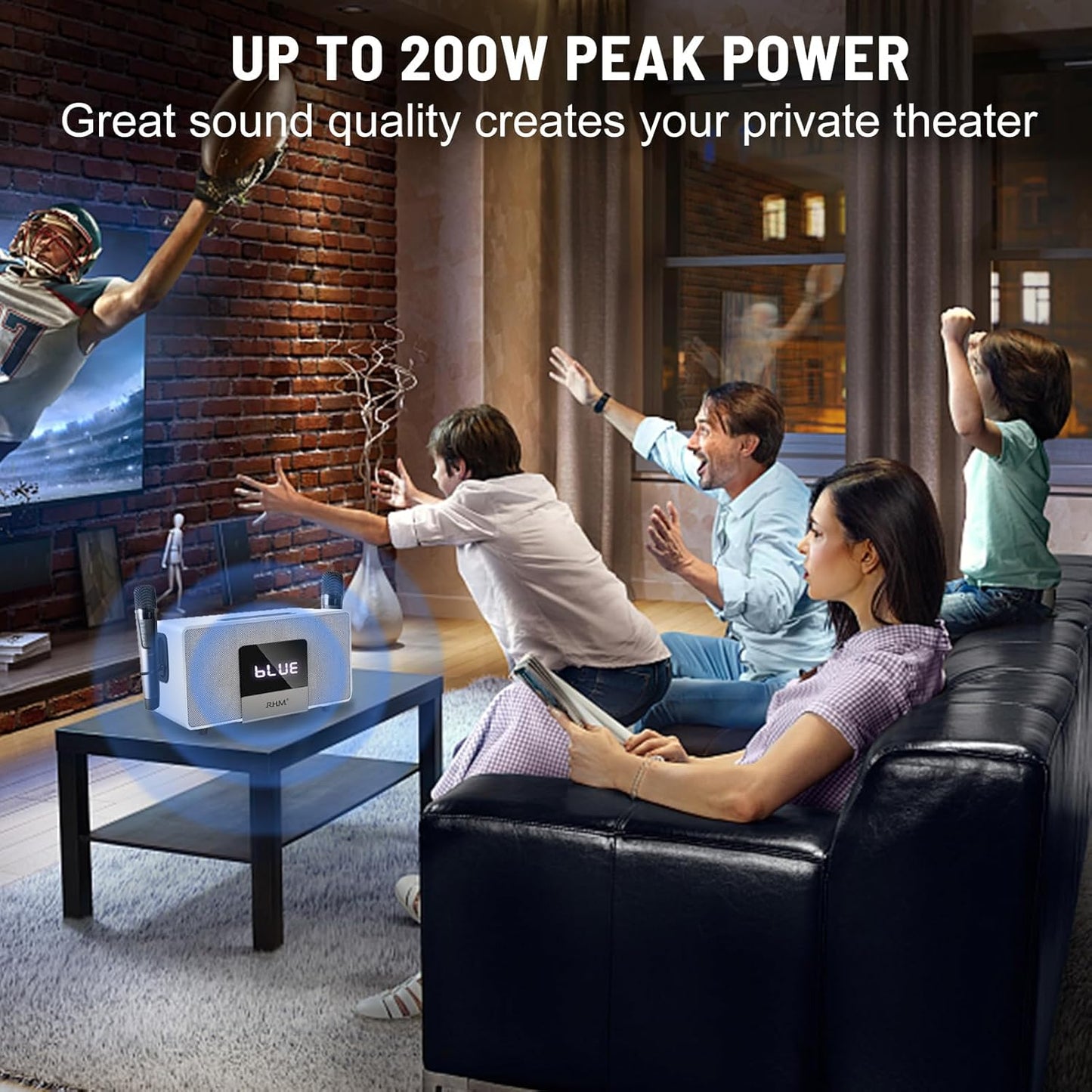 RHM K222 Karaoke Machine, Bluetooth Speaker with 2 UHF Wireless Microphones, 5 Music Modes, Support Optical, Bluetooth, AUX, USB, PC, Wooden Party Speaker for TV, Home Party, Karaoke, Meeting