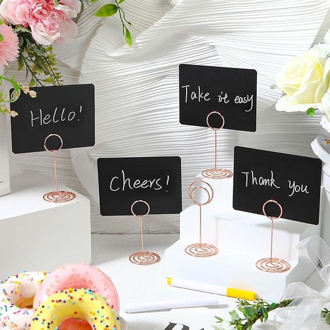 TecUnite 12 Pcs Mini Chalkboard Signs, 4"x3" Small Chalkboard Label with Metal Stand 2 Water Based Chalk for Food Buffet Tabletop Blackboard Sign for Party Bakery(Rose Gold,8.7 x 2.8 in)