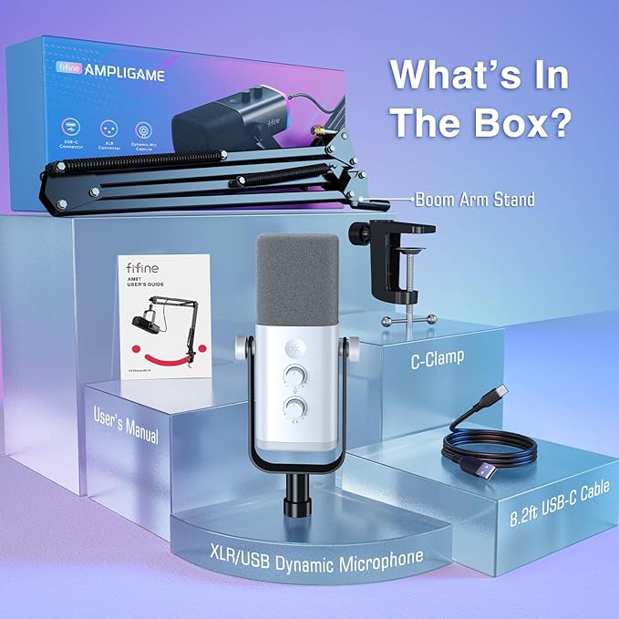 FIFINE Gaming XLR/USB Microphone Kit, Streaming Dynamic Mic Set for PC, Computer Mic for Vocal Podcast Recording Voiceover, with Headphones Jack, Gain Knob, Arm Stand-AmpliGame AM8T White