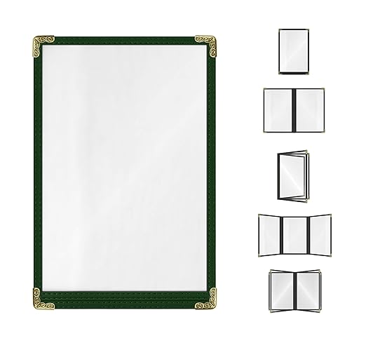 Goodsmart Restaurant Menu Covers – 25 Pack Green 2-View, Top-Loading Menu Holders, Vinyl & Plastic Café Menu Covers, Clear Menu Sleeves, Fits 5.5" x 8.5", Leather-Style Design, Gold Corners
