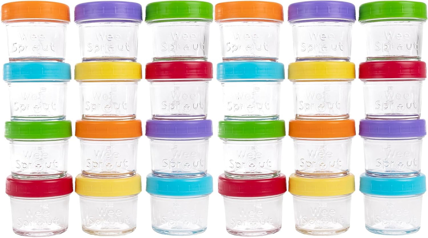 WeeSprout Baby Food Storage Glass Jars w/Lids (4 oz, 24 Pack) Bright Variety, Snack, Reusable Small Containers, Fridge or Freezer, Microwave & Dishwasher Safe, Essentials for Infants