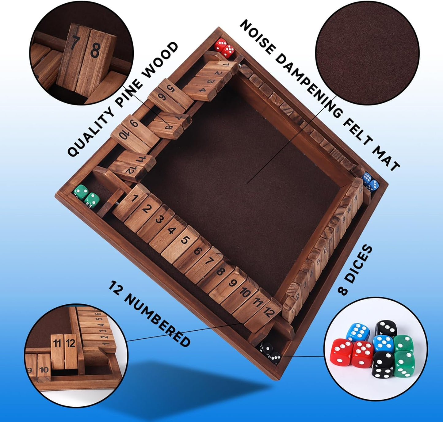 GSE Games & Sports Expert 1-4 Player Wooden Shut The Box Board Game with 8 Dice. 4-Way 12 Numbers Shut The Box Dice Set of Popular English Pub Board Game - Walnut