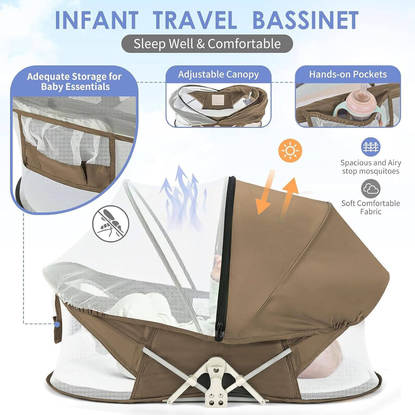 Portable Baby Bassinet Travel Baby Bed, Baby Cribs Travel Pod for Outdoors Baby Lounger Infant Travel Bed with Mosquito Net and Sunshade Canopy, Lightweight Washable