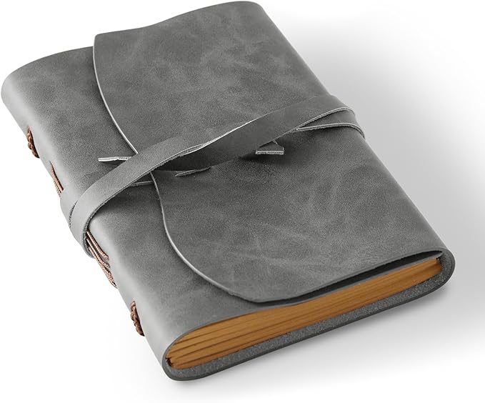 Leather Journal Notepad, Small Notebook 4.8x6.5 Inches, Mini Journal, Retro Premium Planner, Lined Diary Vintage Style, Ideal for Women and Men, Artists, Travelers, Grey