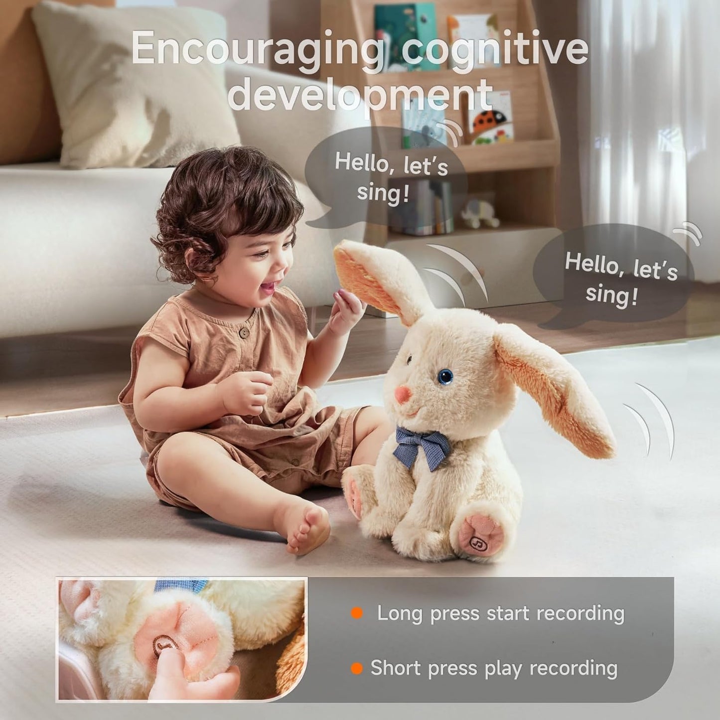 TUMAMA Bunny Stuffed Animal - Musical Stuffed Animal with Moving Ears, Features Singing, Recording, Repeating for Toddlers, Interactive Stuffed Bunny Plush Gift Toys for Boys and Girls