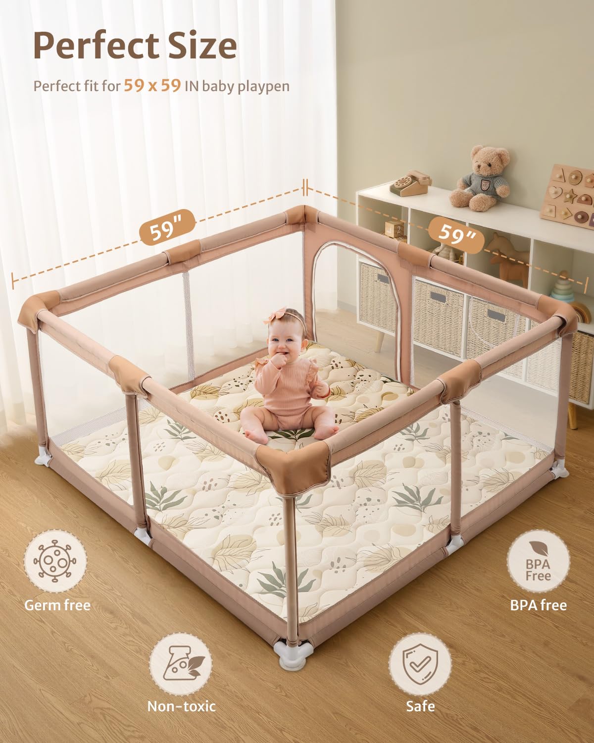 Blissful Diary Baby Play Mats for Floor, 59x59 Inch Thicker and Larger Soft Cushioning Foam Playmats for Babies and Toddlers, Foldable Washable Baby Playpen Mat, Earth Tones Design