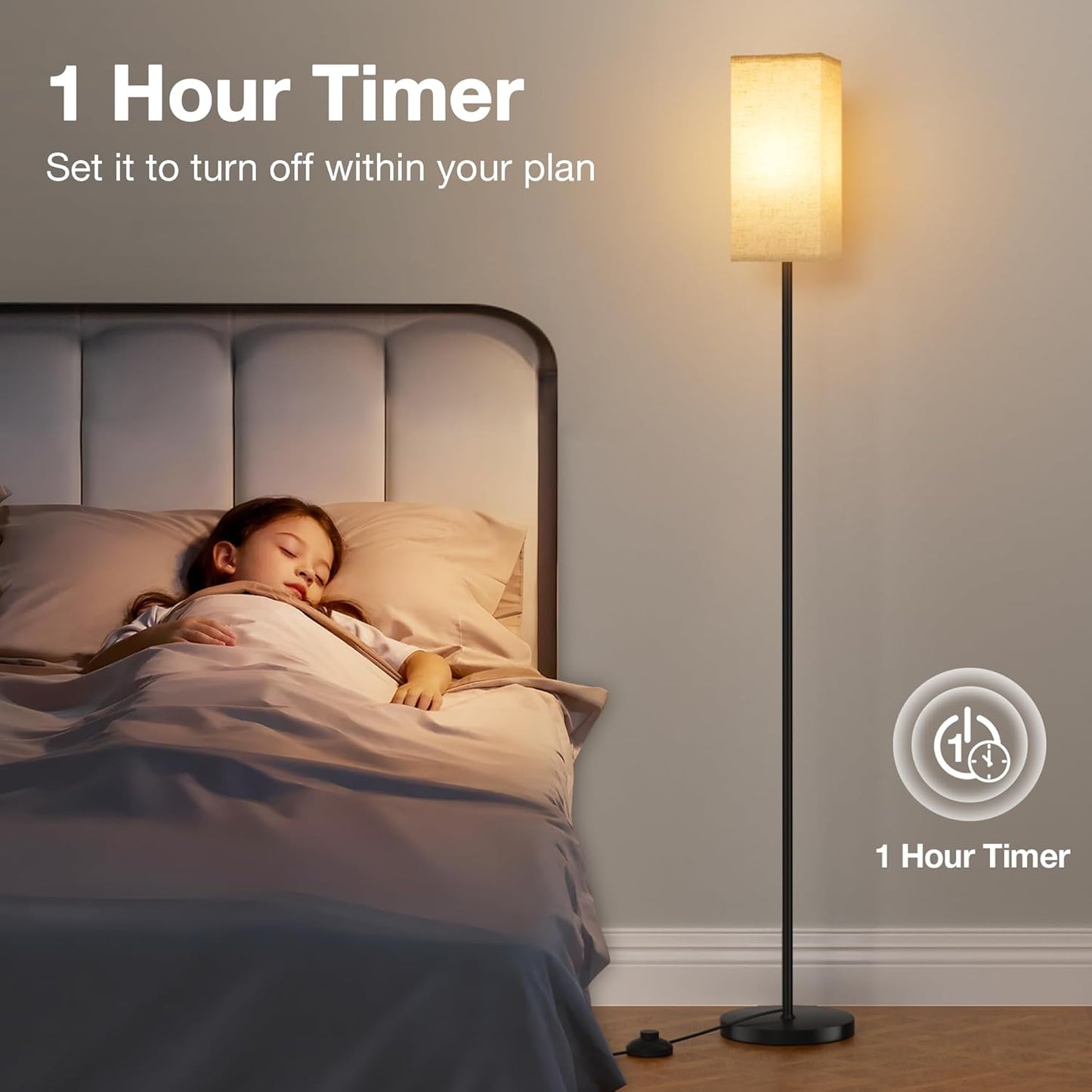 Ambimall Floor Lamps for Living Room & Remote Control, 9W Stepless Dimmable Bulb, Foot Switch, 64'' Tall Standing Lamp, Beige Lampshade(Black)