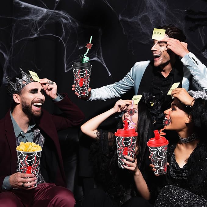 Yungyan 36 Sets Spider Party Favors Goodie Cups with Lids and Straws for Halloween Party Decorations Reusable 16oz Plastic Candy Cups Plastic Straws for Birthday Gift (Spider)