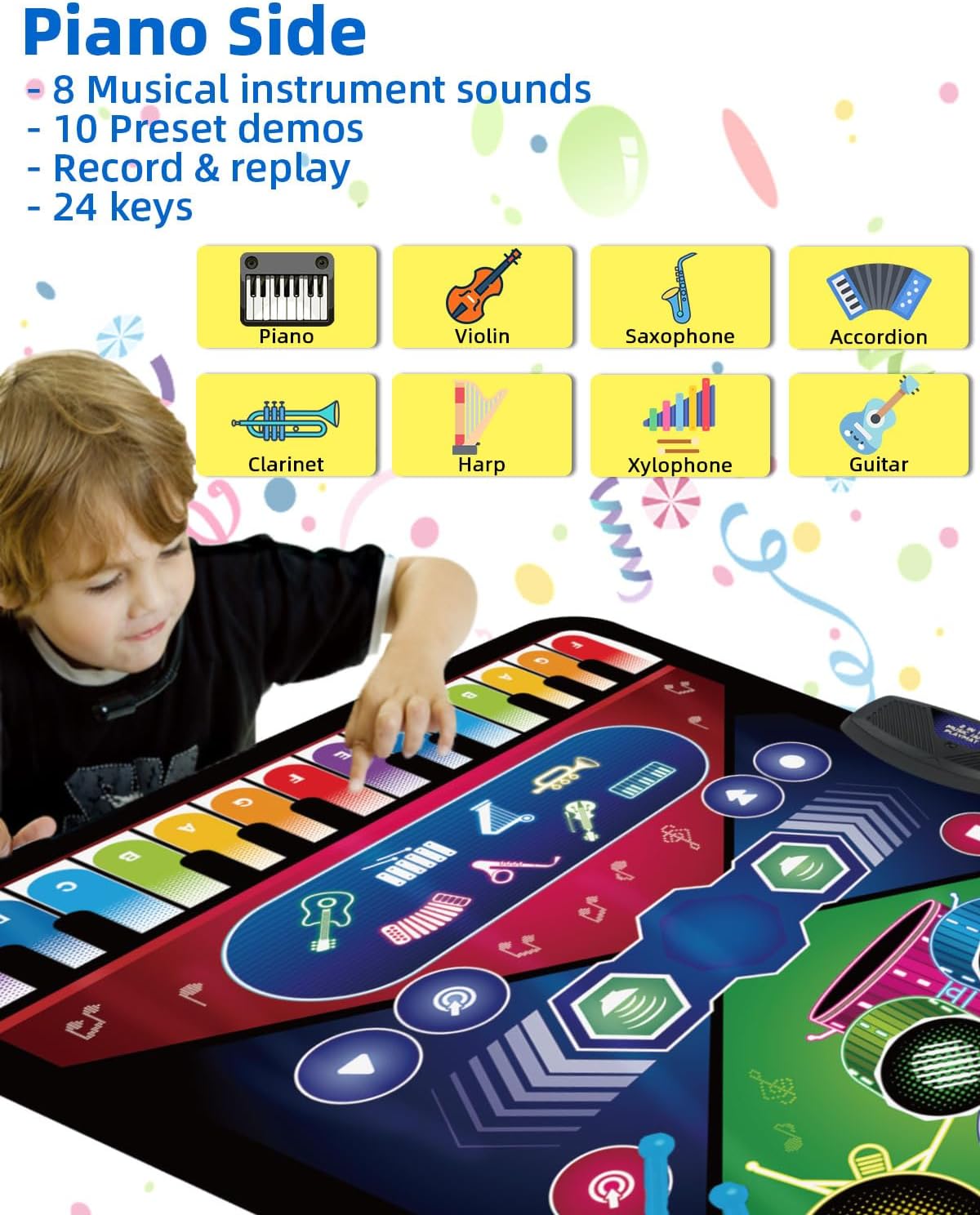SUNLIN 2-in-1 Music Jam Mat, Music Learning Toy for Boys Girls 3-6, Drum Set + Piano Mat, Toddler Birthday Gift 3 4 5 6 Years, Record & Playback, Built-in Songs, 8 Instrument Sounds, Volume Control