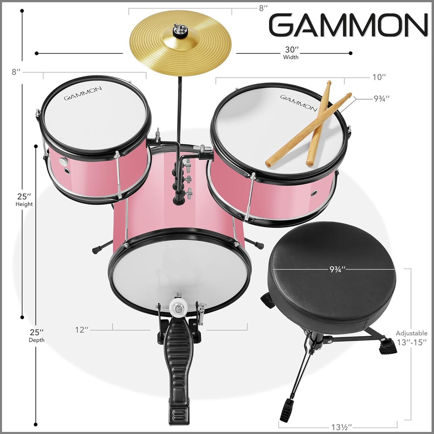 Gammon 3-Piece Junior Drum Set with Throne - Pink, Complete Beginner Kit with Bass Drum, Toms, Cymbal, Pedal, and Drumsticks