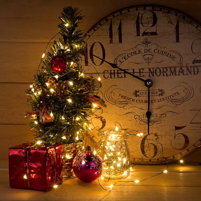 MASHANG Christmas Lights Battery String Lights 33FT 100 Micro LEDs Starry Lights Fairy Lights Firefly Lights with Dark Green Copper Wire for Christmas Tree, Wreath, DIY, Wedding, Holiday(Warm White)