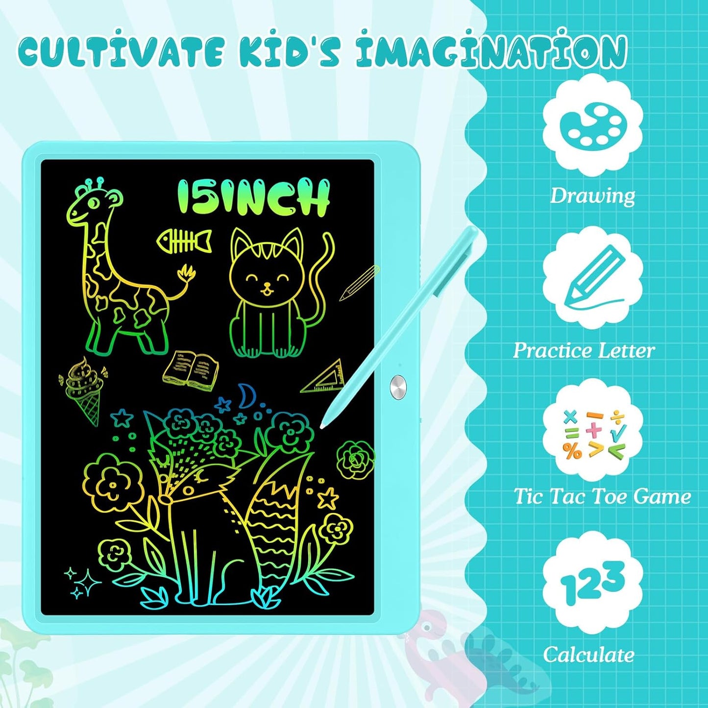Decute Kids Toys LCD Writing Tablet with Stylus, 15 Inch Erasable Toddlers Doodle Board, Reusable Drawing Pad for Kids, Educational Christmas Birthday Gift for 3 4 5 6 7 8 Girls Boys Toddler Blue
