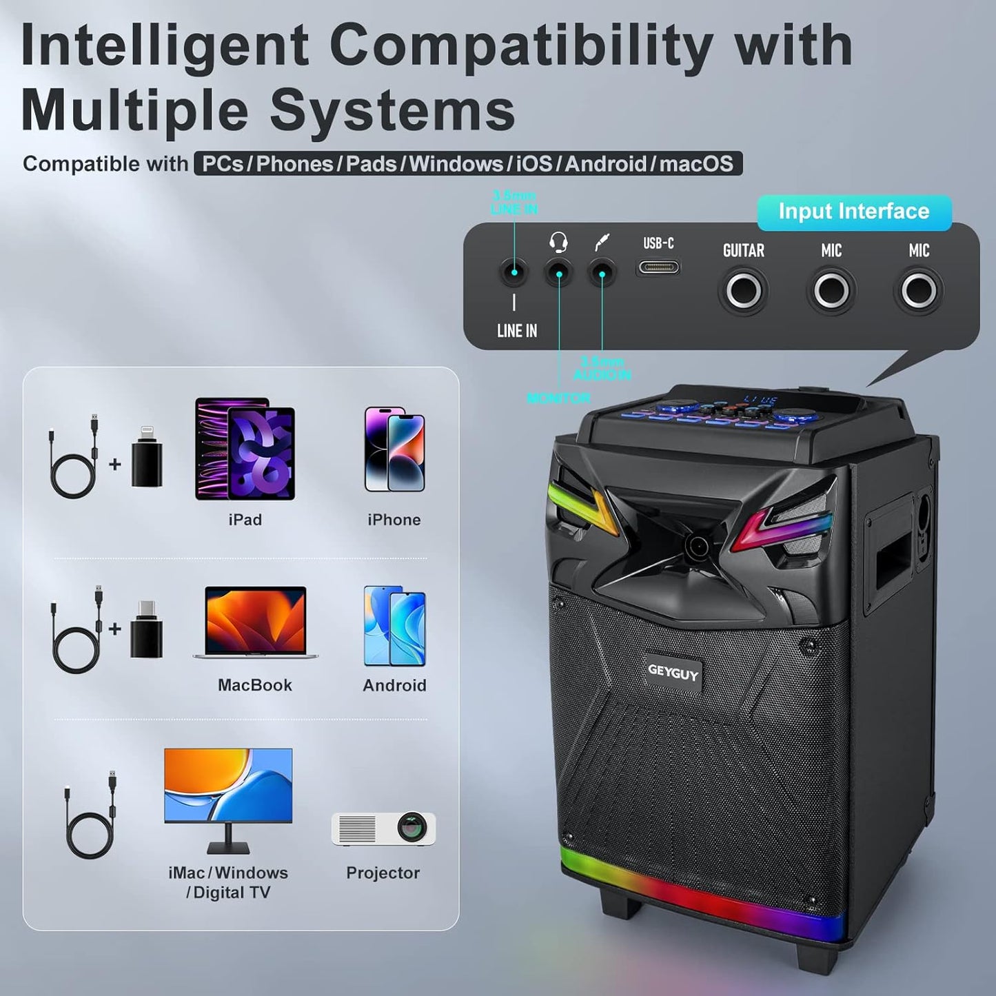 GTSK10‑1 Karaoke Machine with 2 Wireless Microphones for Adults – 10″ DSP Big Bluetooth Party Speaker with 600W Peak Power, Live Streaming & Voice Monitoring, LED Lights, Rolling Wheels & Trolley