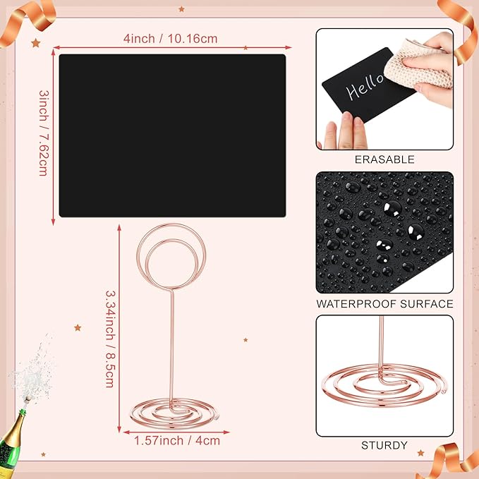 TecUnite 12 Pcs Mini Chalkboard Signs, 4"x3" Small Chalkboard Label with Metal Stand 2 Water Based Chalk for Food Buffet Tabletop Blackboard Sign for Party Bakery(Rose Gold,8.7 x 2.8 in)