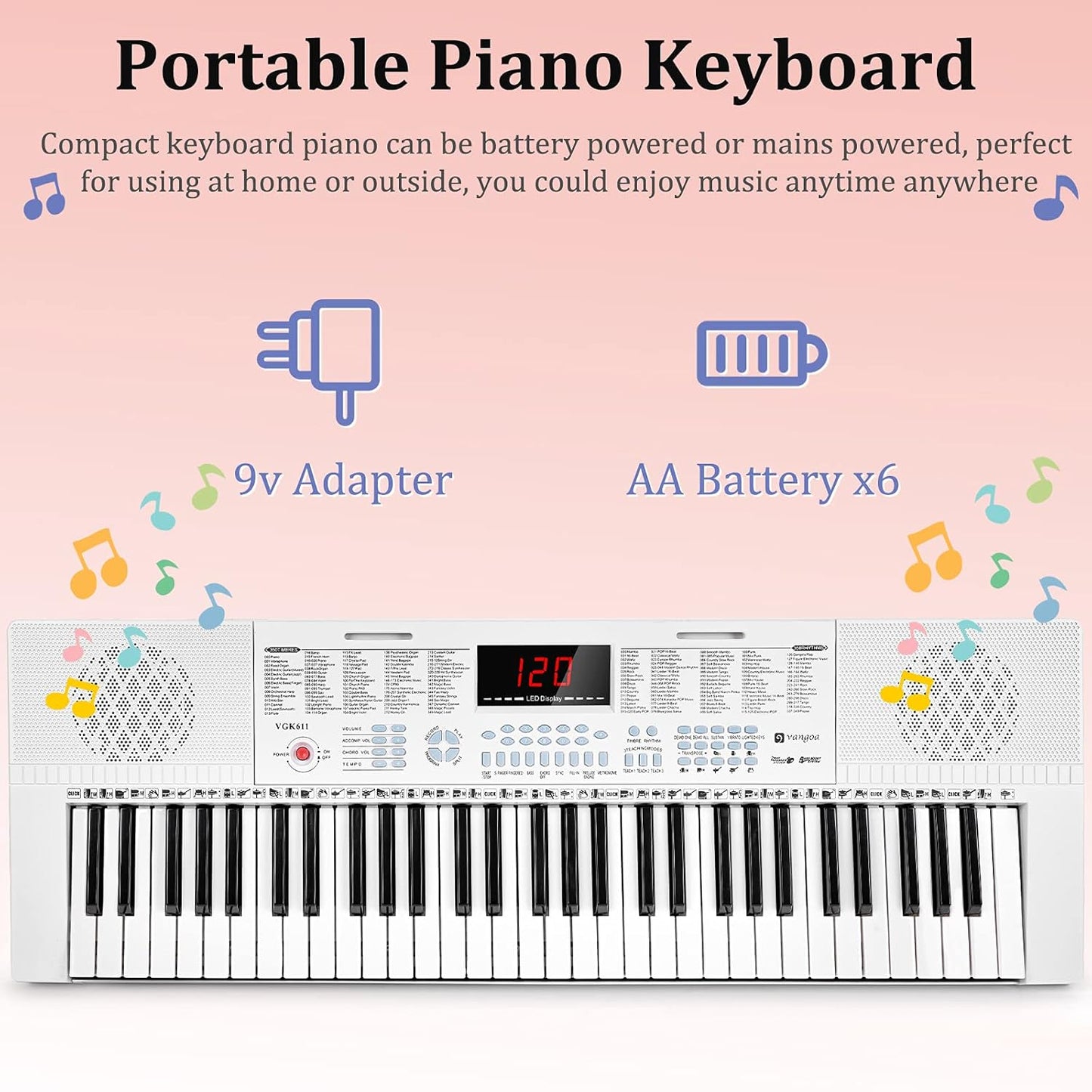 Vangoa VGK611 Electric Keyboard for Beginner, 61 Keys Portable Music Keyboard With Mini Lighted Keys, Electronic Piano for Kids, Boy, Girl, White