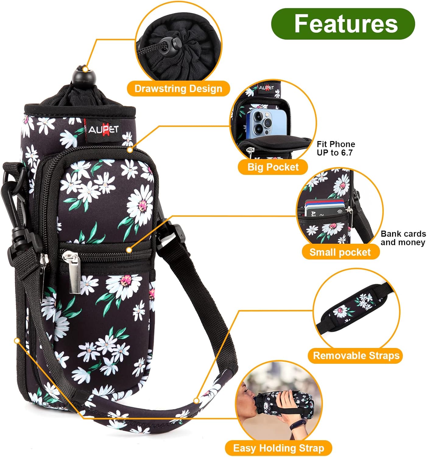 AUPET Water Bottle Sling Bag Sleeve Holder Carrier 25/32/40/64 oz,Insulated Crossbody Water Bottle Case Cover with Strap and Pockets for Men/Women Walking Hiking